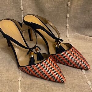 Ann Taylor Leather & Woven Navy, Red & Cream Pointed-Toe Heels